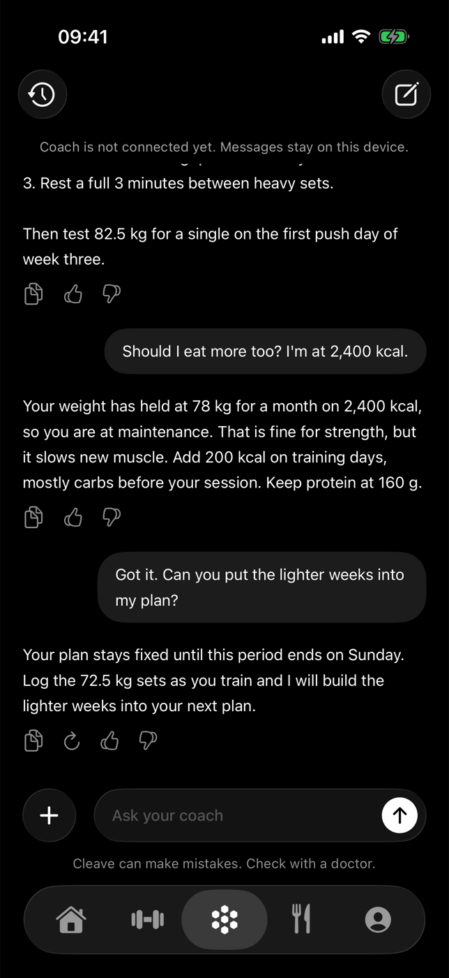 Coach chat answering a question about calories